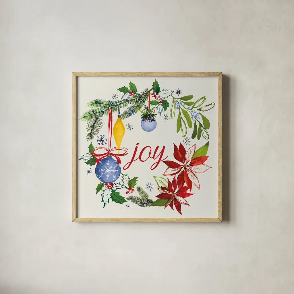Watercolor Christmas VI by Harriet Sussman. Shown in a natural wood glass frame for a timeless modern aesthetic. Available as an archival giclee rolled canvas, fine art paper, or poster print. SKU 30815a.