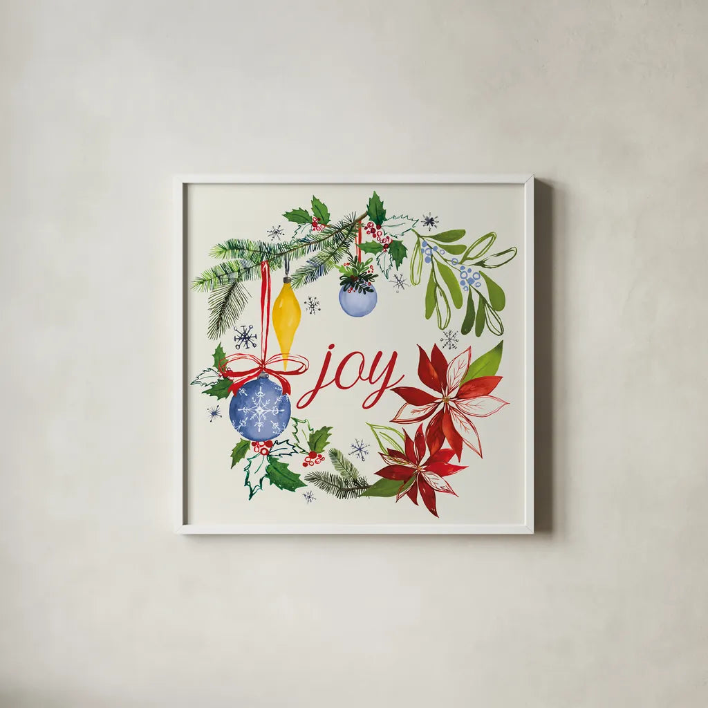 Watercolor Christmas VI by Harriet Sussman. Shown in a crisp white glass frame for a clean and minimalist style. Available as an archival giclee rolled canvas, fine art paper, or poster print. SKU 30815a.