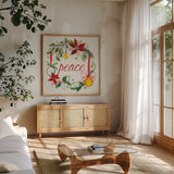 Watercolor Christmas VII by Harriet Sussman. Shown in a natural wood frame in a cozy modern living room. Available as an archival giclee rolled canvas, fine art paper, or poster print. SKU 30816a.
