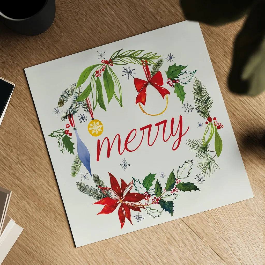 Watercolor Christmas VIII by Harriet Sussman. Shown as a detailed flat fine art print, highlighting archival giclee quality. Available as an archival giclee rolled canvas, fine art paper, or poster print. SKU 30817a.