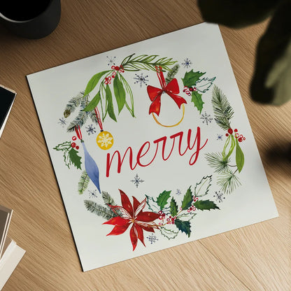 Watercolor Christmas VIII by Harriet Sussman. Shown as a detailed flat fine art print, highlighting archival giclee quality. Available as an archival giclee rolled canvas, fine art paper, or poster print. SKU 30817a.