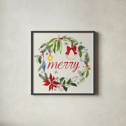 Watercolor Christmas VIII by Harriet Sussman. Shown in a sleek black glass frame for a contemporary gallery look. Available as an archival giclee rolled canvas, fine art paper, or poster print. SKU 30817a.