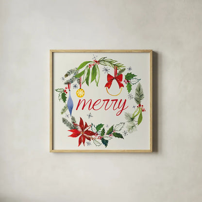 Watercolor Christmas VIII by Harriet Sussman. Shown in a natural wood glass frame for a timeless modern aesthetic. Available as an archival giclee rolled canvas, fine art paper, or poster print. SKU 30817a.