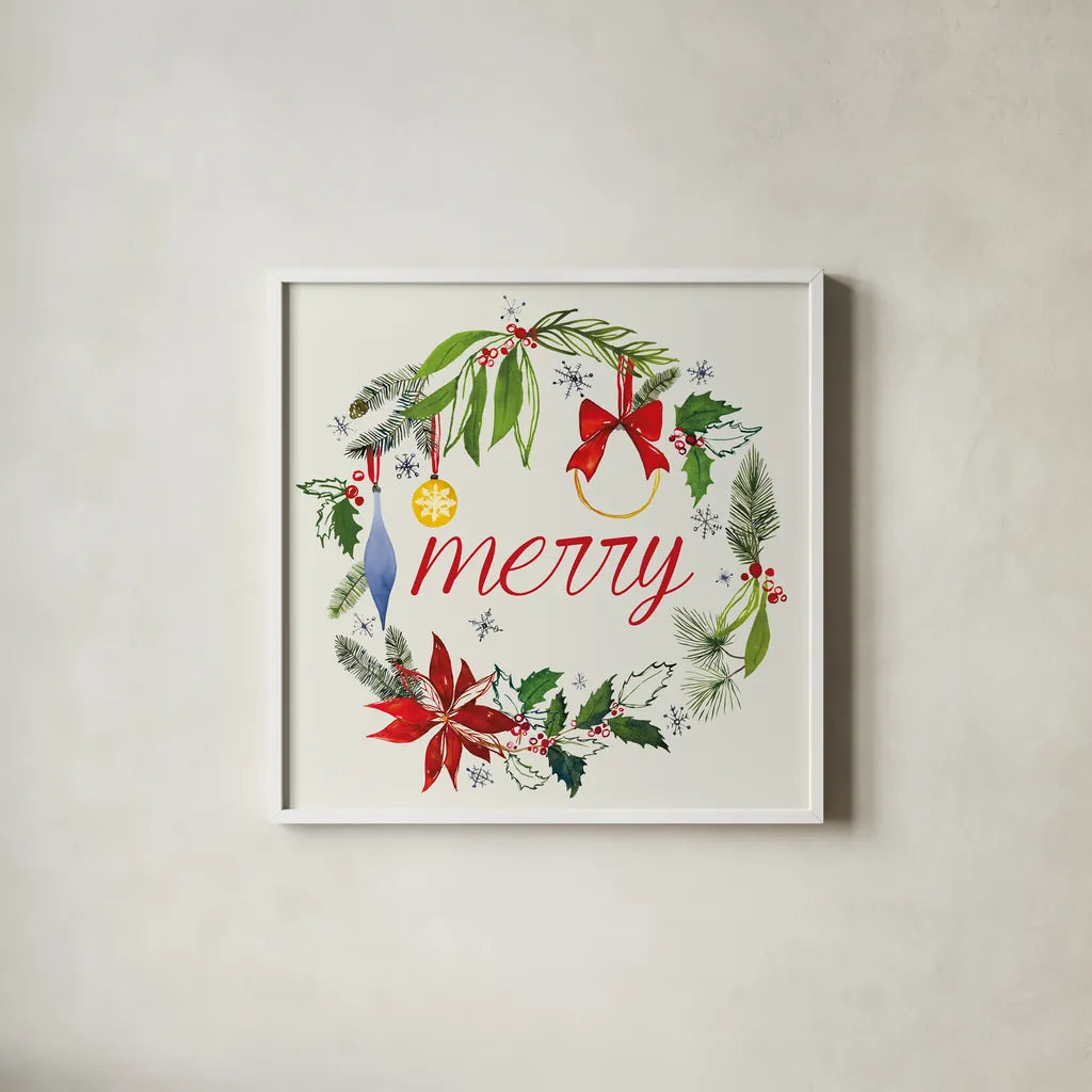 Watercolor Christmas VIII by Harriet Sussman. Shown in a crisp white glass frame for a clean and minimalist style. Available as an archival giclee rolled canvas, fine art paper, or poster print. SKU 30817a.