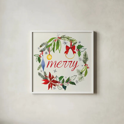 Watercolor Christmas VIII by Harriet Sussman. Shown in a crisp white glass frame for a clean and minimalist style. Available as an archival giclee rolled canvas, fine art paper, or poster print. SKU 30817a.