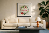 Watercolor Christmas VIII by Harriet Sussman. Displayed in a glass frame with matte in a clean modern living room. Available as an archival giclee rolled canvas, fine art paper, or poster print. SKU 30817a.