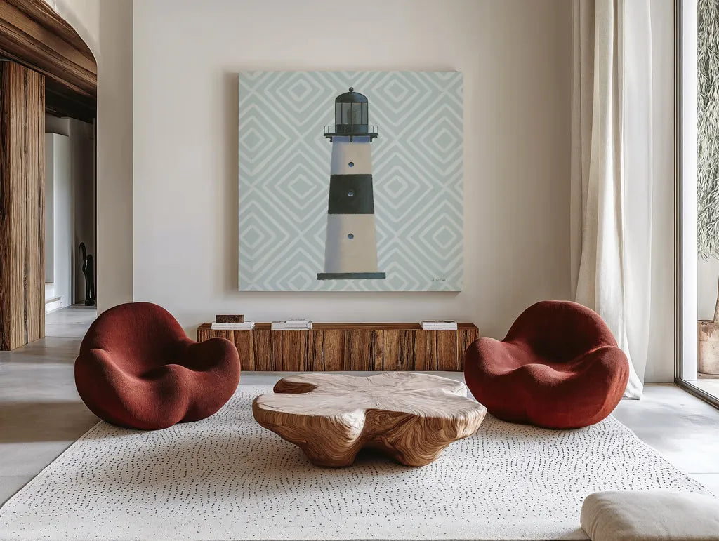 A Day at Sea III Aqua by James Wiens. Shown as extra-large giant wall art in a modern living room. Available as an archival giclee rolled canvas, fine art paper, or poster print. SKU 50178a.