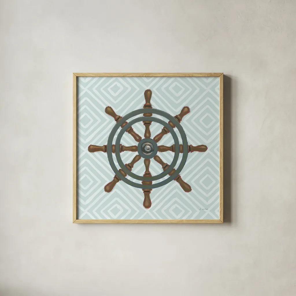 A Day at Sea IV Aqua by James Wiens. Shown in a natural wood glass frame for a timeless modern aesthetic. Available as an archival giclee rolled canvas, fine art paper, or poster print. SKU 50179a.