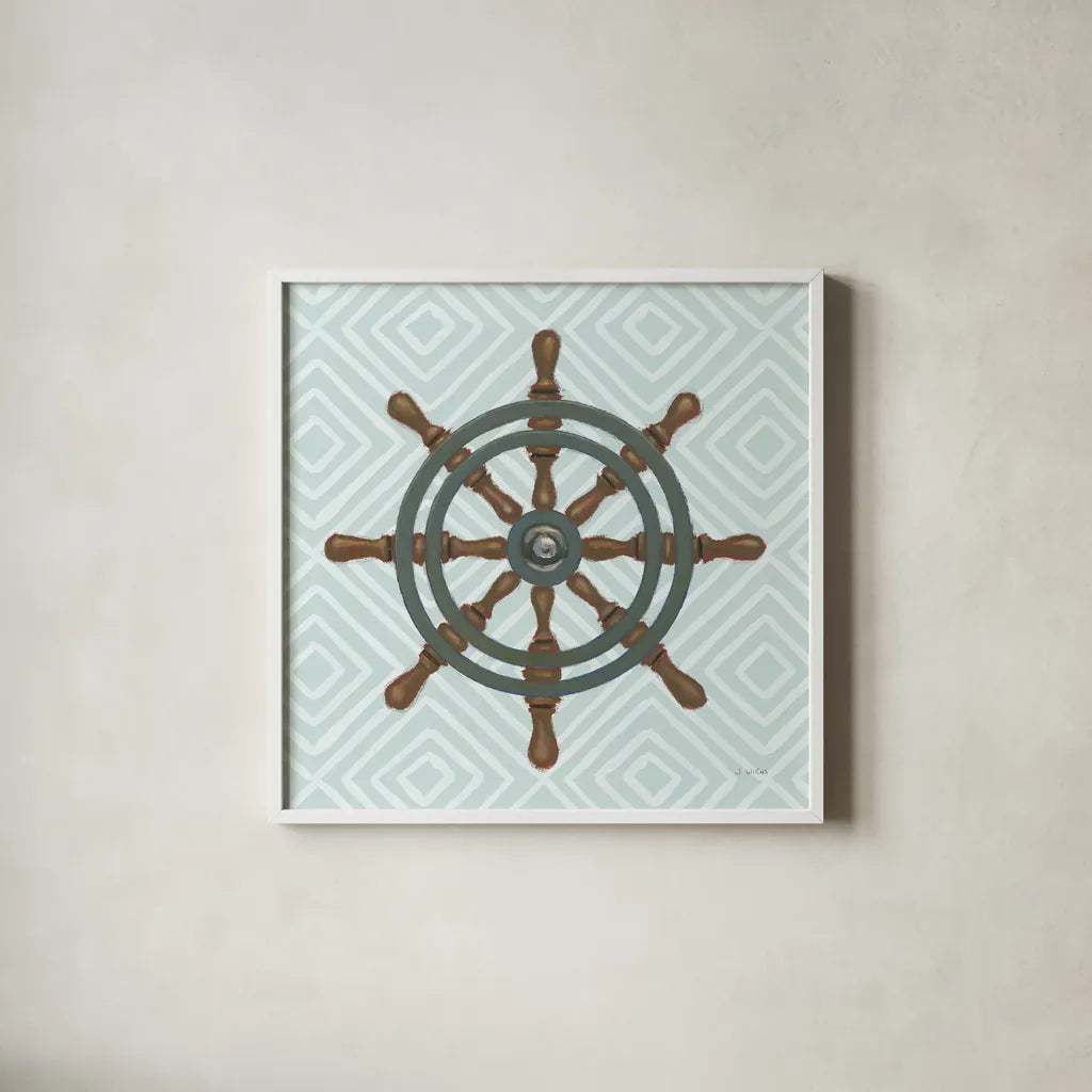 A Day at Sea IV Aqua by James Wiens. Shown in a crisp white glass frame for a clean and minimalist style. Available as an archival giclee rolled canvas, fine art paper, or poster print. SKU 50179a.