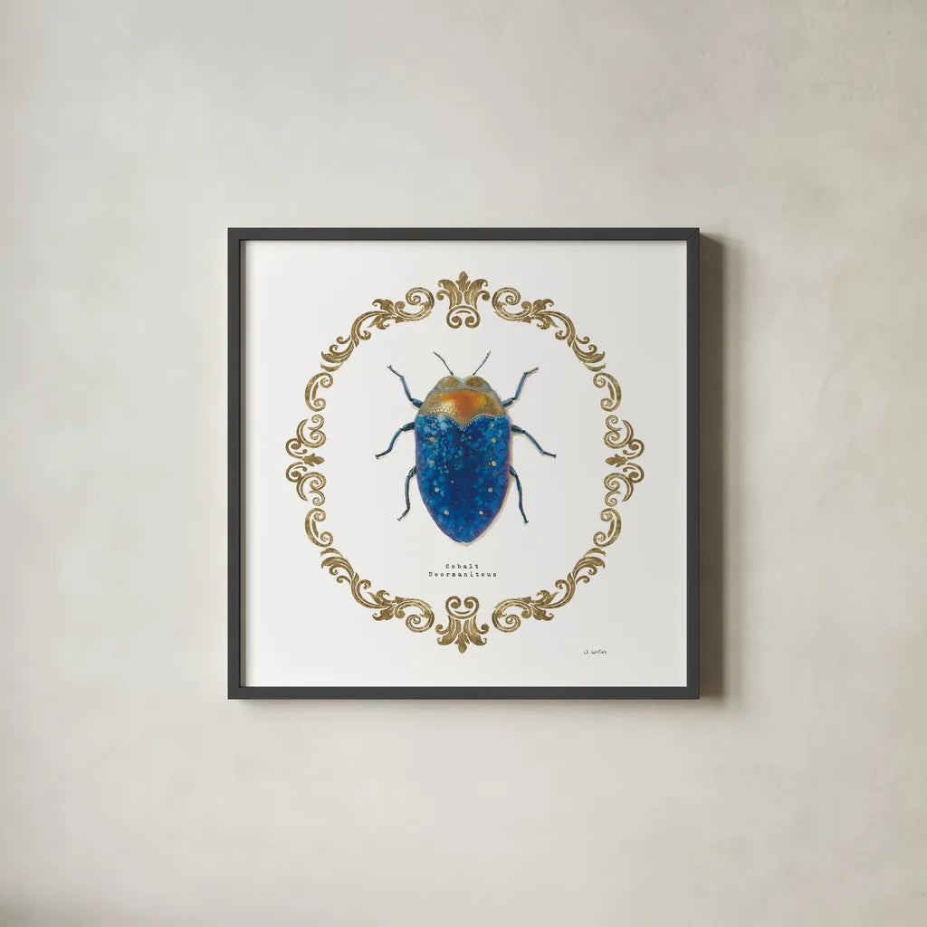 Adorning Coleoptera V Sq by James Wiens. Shown in a sleek black glass frame for a contemporary gallery look. Available as an archival giclee rolled canvas, fine art paper, or poster print. SKU 38561a.