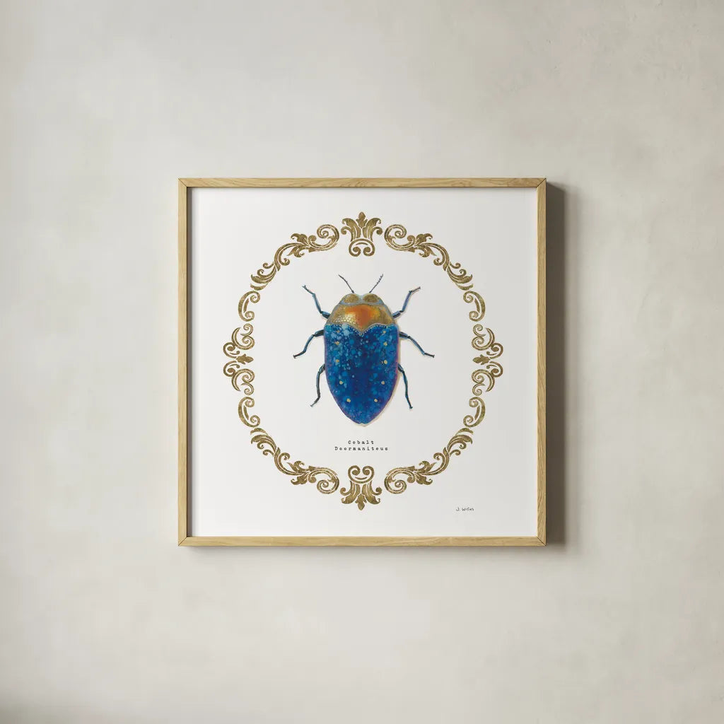 Adorning Coleoptera V Sq by James Wiens. Shown in a natural wood glass frame for a timeless modern aesthetic. Available as an archival giclee rolled canvas, fine art paper, or poster print. SKU 38561a.