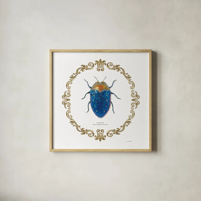 Adorning Coleoptera V Sq by James Wiens. Shown in a natural wood glass frame for a timeless modern aesthetic. Available as an archival giclee rolled canvas, fine art paper, or poster print. SKU 38561a.