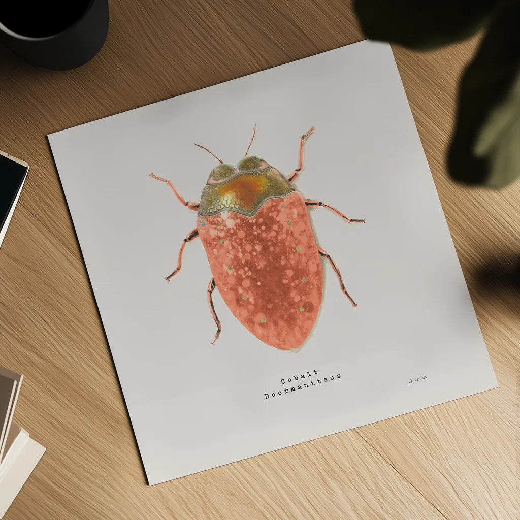 Adorning Coleoptera V Sq Camelia by James Wiens. Shown as a detailed flat fine art print, highlighting archival giclee quality. Available as an archival giclee rolled canvas, fine art paper, or poster print. SKU 42894a.