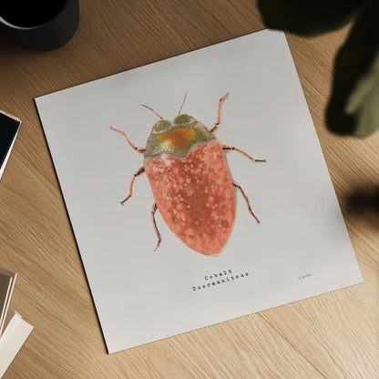 Adorning Coleoptera V Sq Camelia by James Wiens. Shown as a detailed flat fine art print, highlighting archival giclee quality. Available as an archival giclee rolled canvas, fine art paper, or poster print. SKU 42894a.