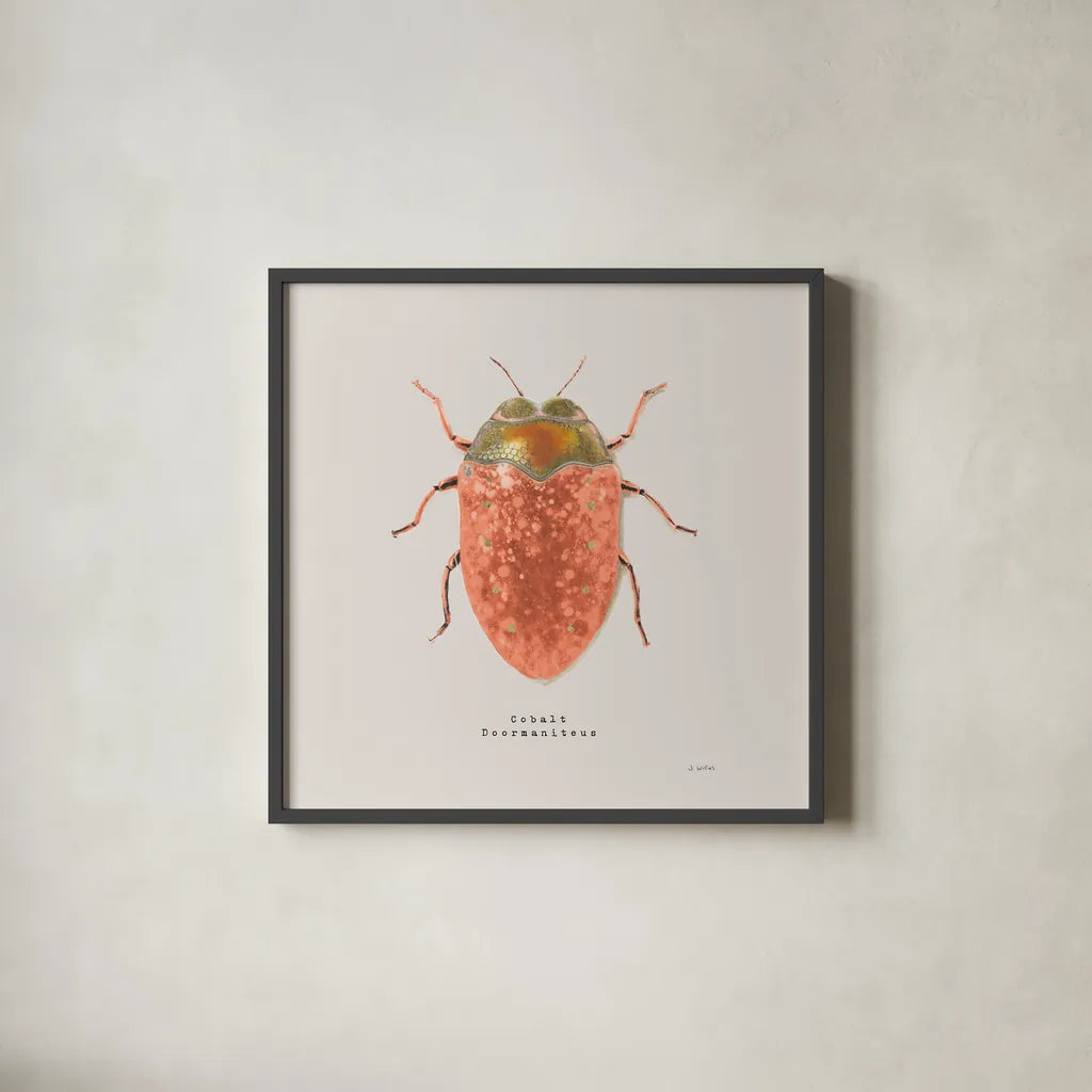 Adorning Coleoptera V Sq Camelia by James Wiens. Shown in a sleek black glass frame for a contemporary gallery look. Available as an archival giclee rolled canvas, fine art paper, or poster print. SKU 42894a.