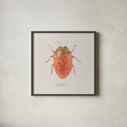 Adorning Coleoptera V Sq Camelia by James Wiens. Shown in a sleek black glass frame for a contemporary gallery look. Available as an archival giclee rolled canvas, fine art paper, or poster print. SKU 42894a.