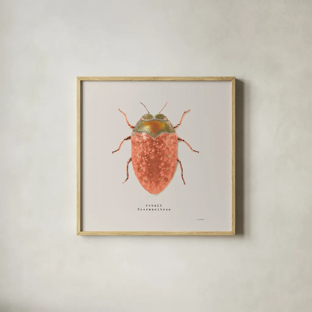 Adorning Coleoptera V Sq Camelia by James Wiens. Shown in a natural wood glass frame for a timeless modern aesthetic. Available as an archival giclee rolled canvas, fine art paper, or poster print. SKU 42894a.