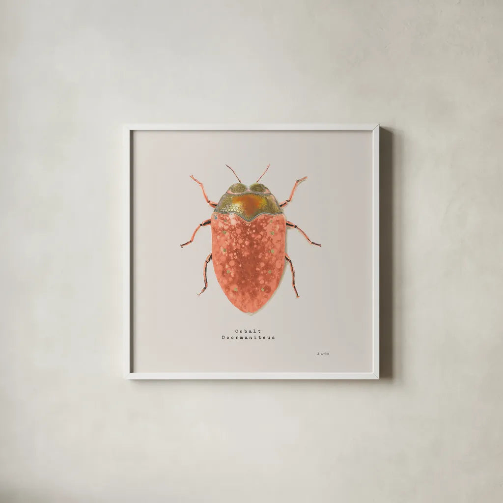 Adorning Coleoptera V Sq Camelia by James Wiens. Shown in a crisp white glass frame for a clean and minimalist style. Available as an archival giclee rolled canvas, fine art paper, or poster print. SKU 42894a.