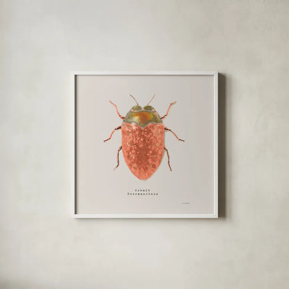 Adorning Coleoptera V Sq Camelia by James Wiens. Shown in a crisp white glass frame for a clean and minimalist style. Available as an archival giclee rolled canvas, fine art paper, or poster print. SKU 42894a.