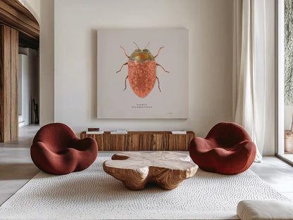 Adorning Coleoptera V Sq Camelia by James Wiens. Shown as extra-large giant wall art in a modern living room. Available as an archival giclee rolled canvas, fine art paper, or poster print. SKU 42894a.