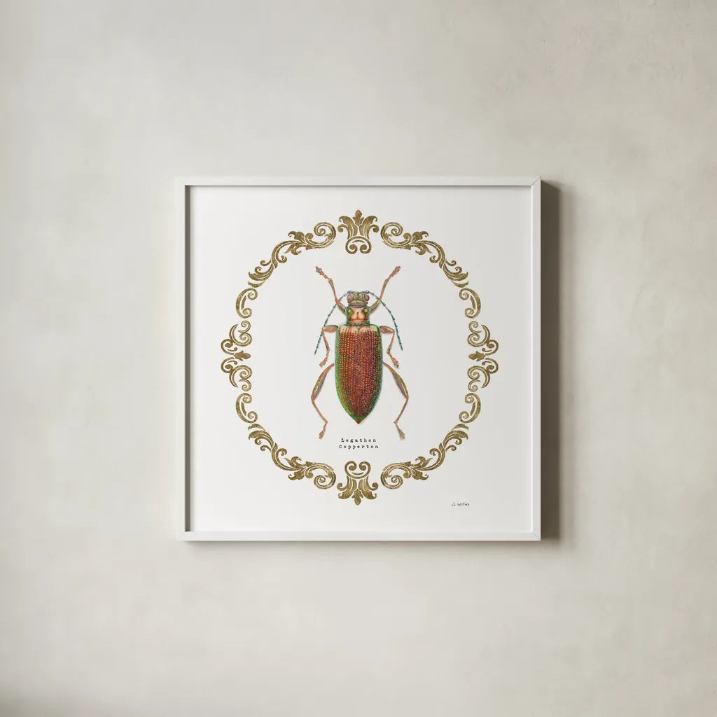 Adorning Coleoptera VI Sq by James Wiens. Shown in a crisp white glass frame for a clean and minimalist style. Available as an archival giclee rolled canvas, fine art paper, or poster print. SKU 38562a.