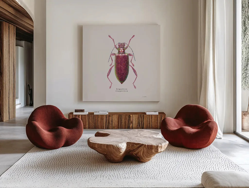 Adorning Coleoptera VI Sq Claret by James Wiens. Shown as extra-large giant wall art in a modern living room. Available as an archival giclee rolled canvas, fine art paper, or poster print. SKU 42895a.