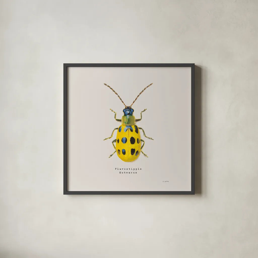 Adorning Coleoptera VII Sq Golden by James Wiens. Shown in a sleek black glass frame for a contemporary gallery look. Available as an archival giclee rolled canvas, fine art paper, or poster print. SKU 42896a.