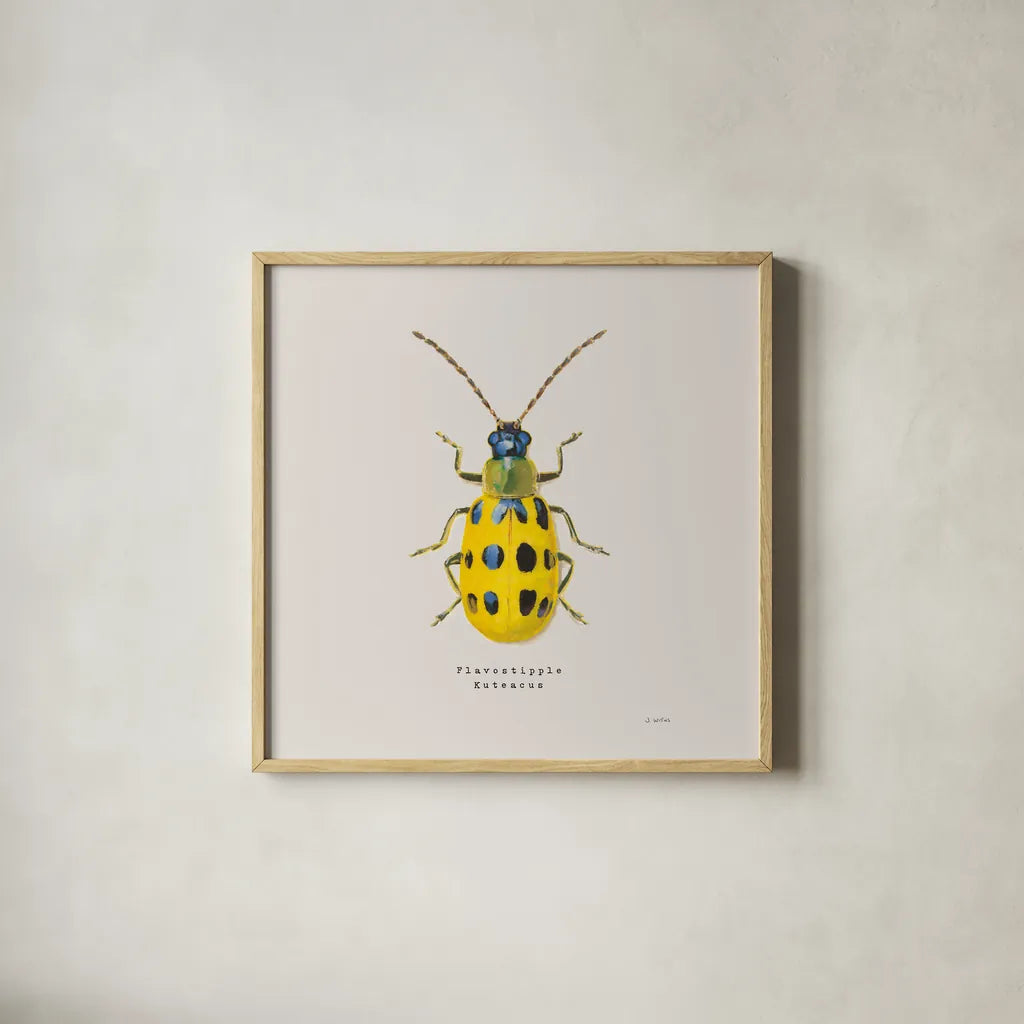 Adorning Coleoptera VII Sq Golden by James Wiens. Shown in a natural wood glass frame for a timeless modern aesthetic. Available as an archival giclee rolled canvas, fine art paper, or poster print. SKU 42896a.
