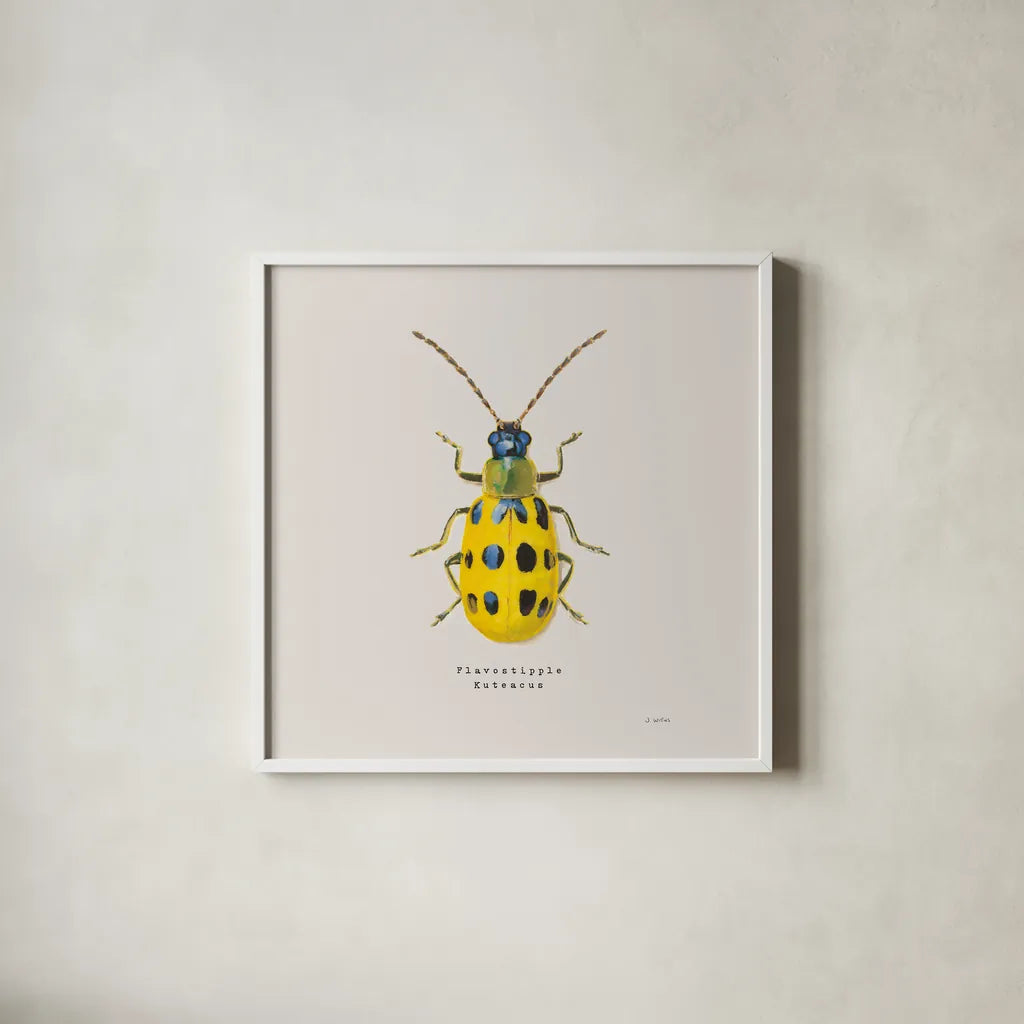 Adorning Coleoptera VII Sq Golden by James Wiens. Shown in a crisp white glass frame for a clean and minimalist style. Available as an archival giclee rolled canvas, fine art paper, or poster print. SKU 42896a.