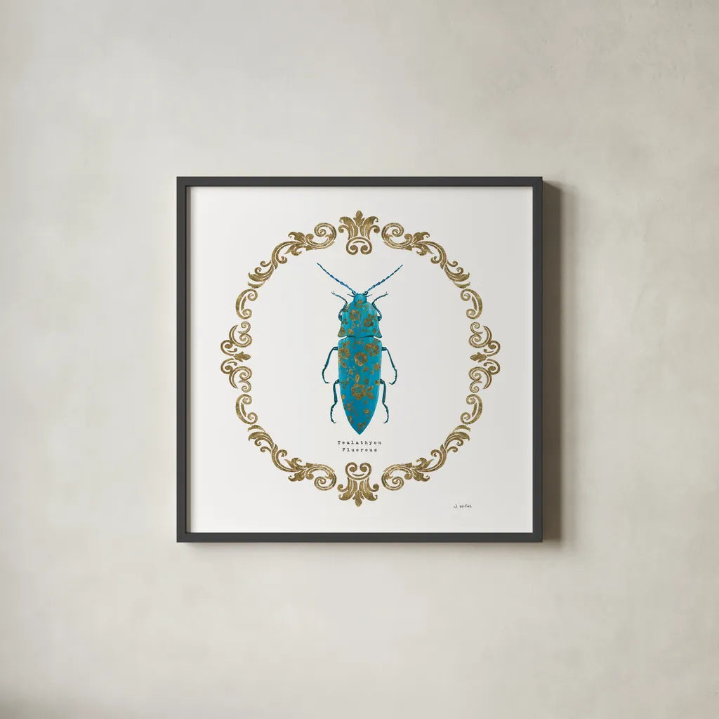 Adorning Coleoptera VIII Sq by James Wiens. Shown in a sleek black glass frame for a contemporary gallery look. Available as an archival giclee rolled canvas, fine art paper, or poster print. SKU 38564a.