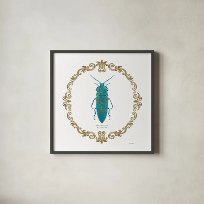 Adorning Coleoptera VIII Sq by James Wiens. Shown in a sleek black glass frame for a contemporary gallery look. Available as an archival giclee rolled canvas, fine art paper, or poster print. SKU 38564a.