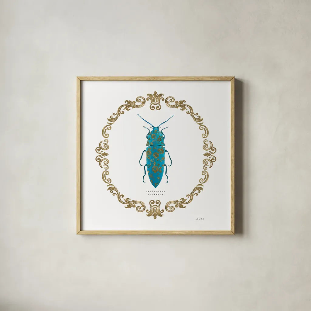Adorning Coleoptera VIII Sq by James Wiens. Shown in a natural wood glass frame for a timeless modern aesthetic. Available as an archival giclee rolled canvas, fine art paper, or poster print. SKU 38564a.