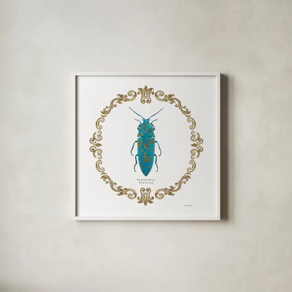 Adorning Coleoptera VIII Sq by James Wiens. Shown in a crisp white glass frame for a clean and minimalist style. Available as an archival giclee rolled canvas, fine art paper, or poster print. SKU 38564a.