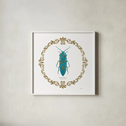 Adorning Coleoptera VIII Sq by James Wiens. Shown in a crisp white glass frame for a clean and minimalist style. Available as an archival giclee rolled canvas, fine art paper, or poster print. SKU 38564a.