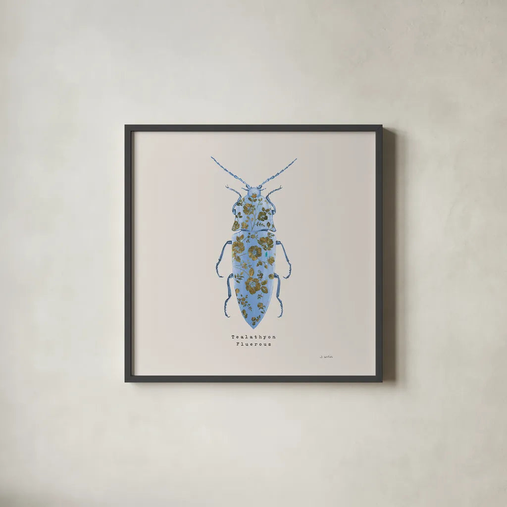 Adorning Coleoptera VIII Sq by James Wiens. Shown in a sleek black glass frame for a contemporary gallery look. Available as an archival giclee rolled canvas, fine art paper, or poster print. SKU 42897a.