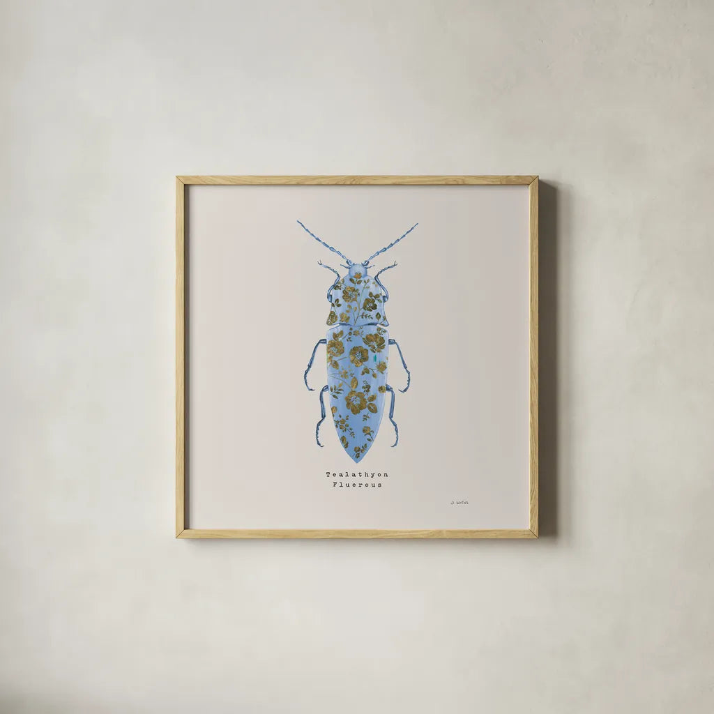 Adorning Coleoptera VIII Sq by James Wiens. Shown in a natural wood glass frame for a timeless modern aesthetic. Available as an archival giclee rolled canvas, fine art paper, or poster print. SKU 42897a.