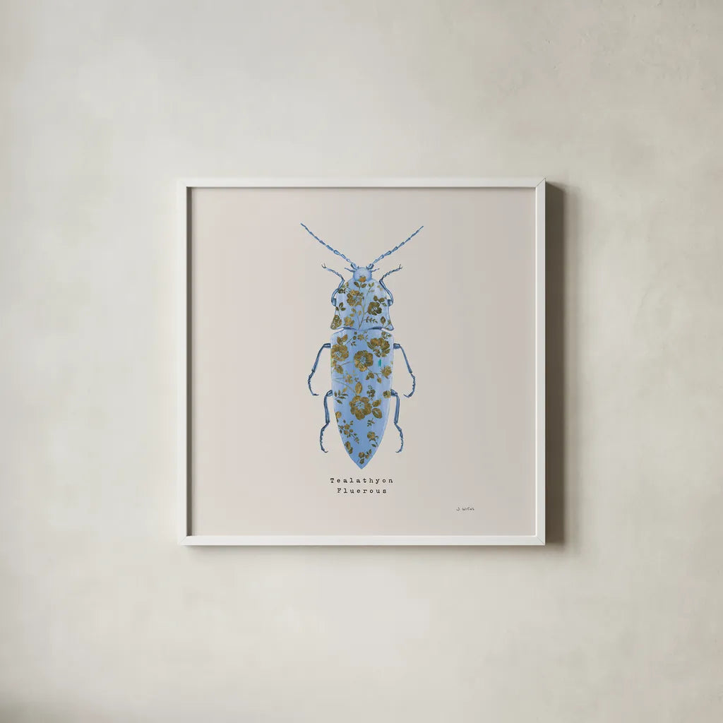 Adorning Coleoptera VIII Sq by James Wiens. Shown in a crisp white glass frame for a clean and minimalist style. Available as an archival giclee rolled canvas, fine art paper, or poster print. SKU 42897a.