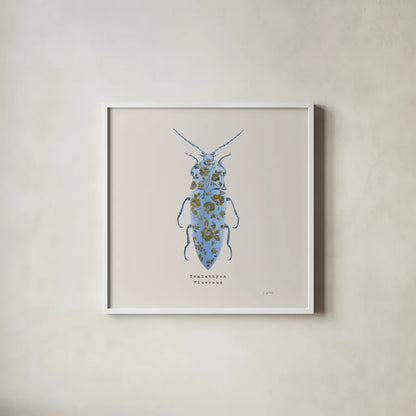 Adorning Coleoptera VIII Sq by James Wiens. Shown in a crisp white glass frame for a clean and minimalist style. Available as an archival giclee rolled canvas, fine art paper, or poster print. SKU 42897a.