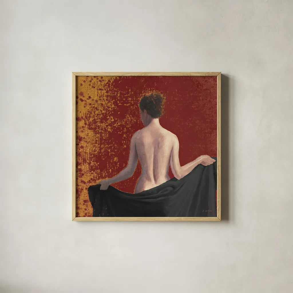 After the Bath Crop Red by James Wiens. Shown in a natural wood glass frame for a timeless modern aesthetic. Available as an archival giclee rolled canvas, fine art paper, or poster print. SKU 33253a.
