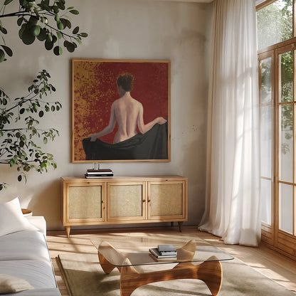 After the Bath Crop Red by James Wiens. Shown in a natural wood frame in a cozy modern living room. Available as an archival giclee rolled canvas, fine art paper, or poster print. SKU 33253a.
