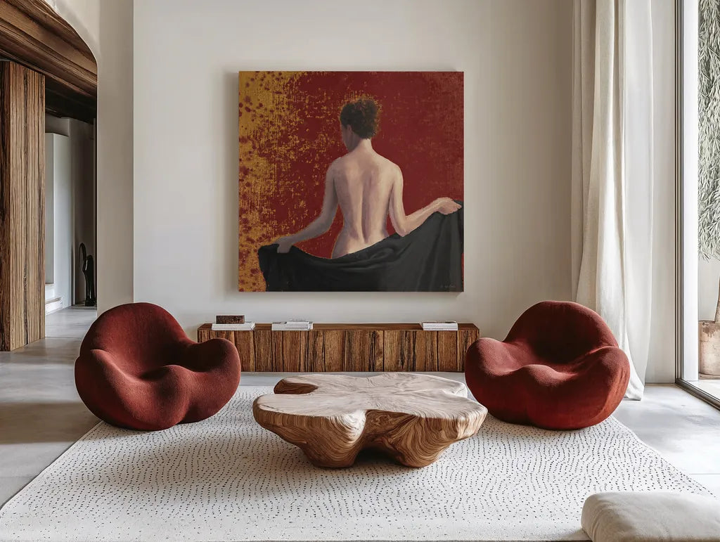 After the Bath Crop Red by James Wiens. Shown as extra-large giant wall art in a modern living room. Available as an archival giclee rolled canvas, fine art paper, or poster print. SKU 33253a.