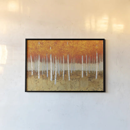 Autumn Birches by James Wiens. shown as a paper print in a black flame. Available as a archival giclee rolled canvas, fine art paper, or poster print. SKU 53414i.