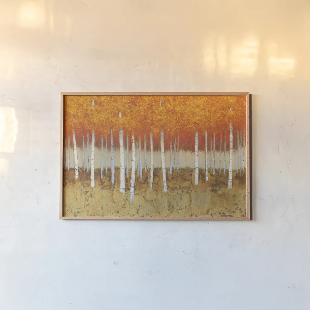 Autumn Birches by James Wiens. shown as a paper print in a natural frame. Available as a archival giclee rolled canvas, fine art paper, or poster print. SKU 53414i.