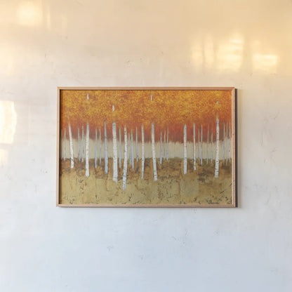 Autumn Birches by James Wiens. shown as a paper print in a natural frame. Available as a archival giclee rolled canvas, fine art paper, or poster print. SKU 53414i.