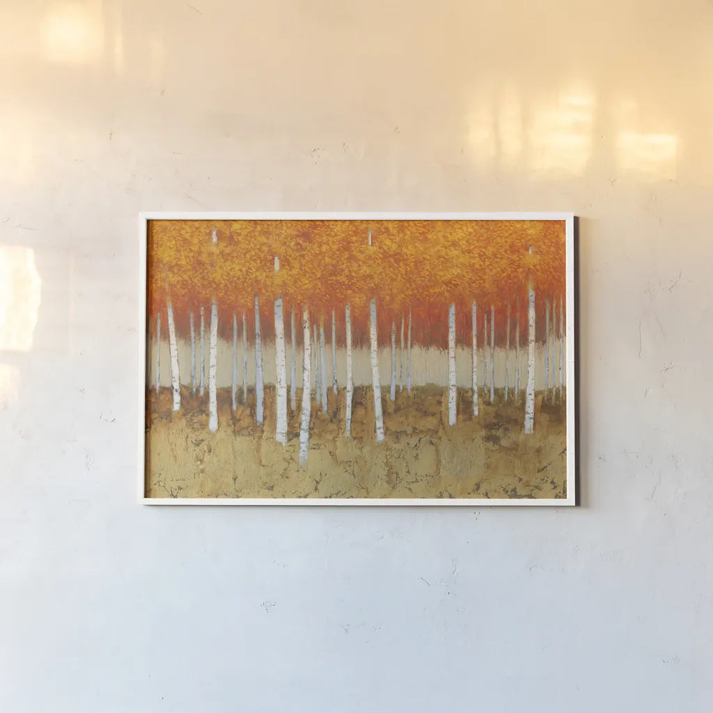 Autumn Birches by James Wiens. shown as a paper print in a white frame. Available as a archival giclee rolled canvas, fine art paper, or poster print. SKU 53414i.