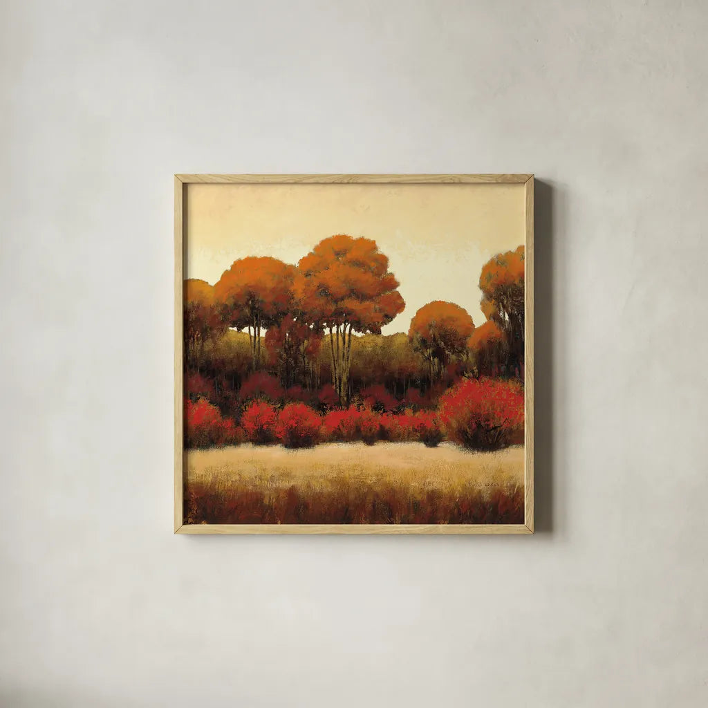 Autumn Forest II by James Wiens. Shown in a natural wood glass frame for a timeless modern aesthetic. Available as an archival giclee rolled canvas, fine art paper, or poster print. SKU 10372a.