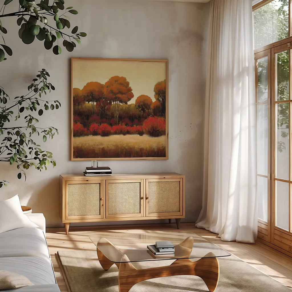 Autumn Forest II by James Wiens. Shown in a natural wood frame in a cozy modern living room. Available as an archival giclee rolled canvas, fine art paper, or poster print. SKU 10372a.