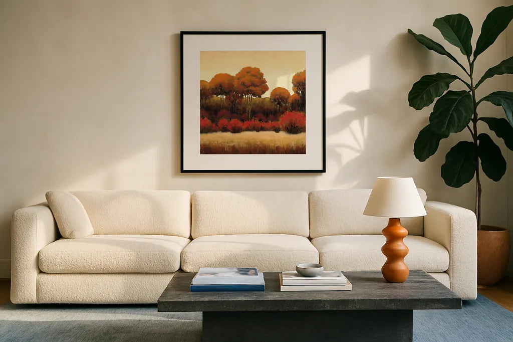 Autumn Forest II by James Wiens. Displayed in a glass frame with matte in a clean modern living room. Available as an archival giclee rolled canvas, fine art paper, or poster print. SKU 10372a.