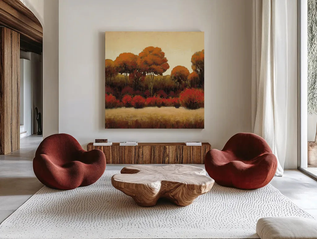 Autumn Forest II by James Wiens. Shown as extra-large giant wall art in a modern living room. Available as an archival giclee rolled canvas, fine art paper, or poster print. SKU 10372a.