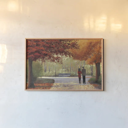 Autumn Stroll by James Wiens. shown as a paper print in a natural frame. Available as a archival giclee rolled canvas, fine art paper, or poster print. SKU 33149i.